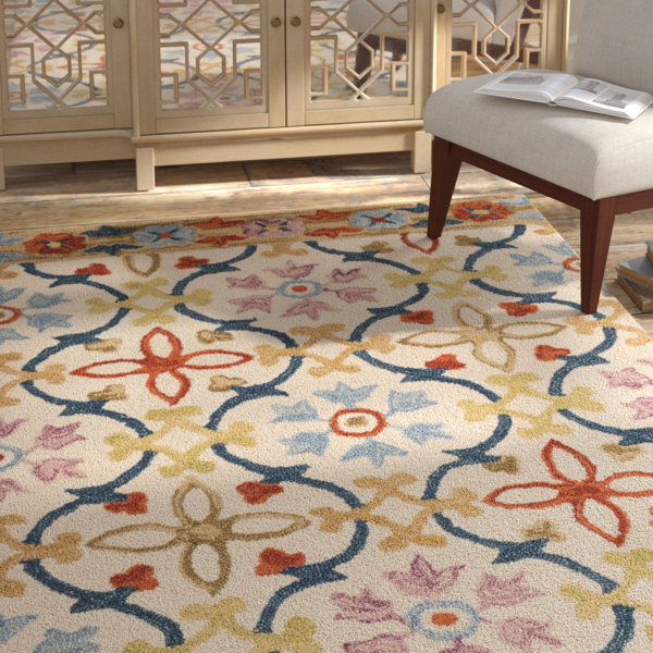 Bungalow Rose Talmo HandHooked Wool Ivory/Blue Area Rug & Reviews